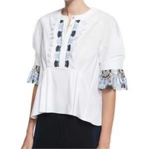 Peter Pilotto Poplin Blouse Puff Sleeves White Lace Details Retail $248.00